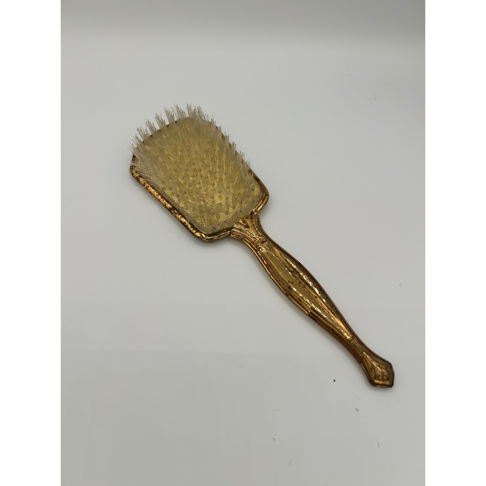 Vintage Gold Tone Floral Brocade Hair Brush Hollywood Regency Vanity Accessory